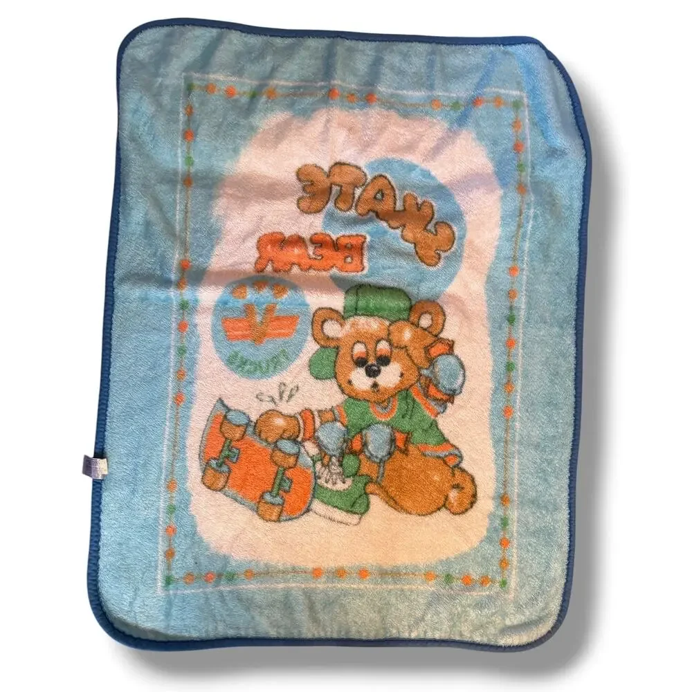 VTG Novatex Skate Bear Rare Minky Plush Blanket Teal Skateboarding Soft VHTF